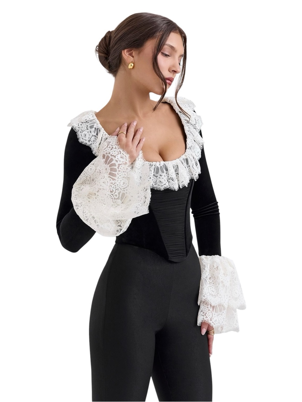 NWT House of CB JACINDA Black Velvet Lace Trimmed Corset Top